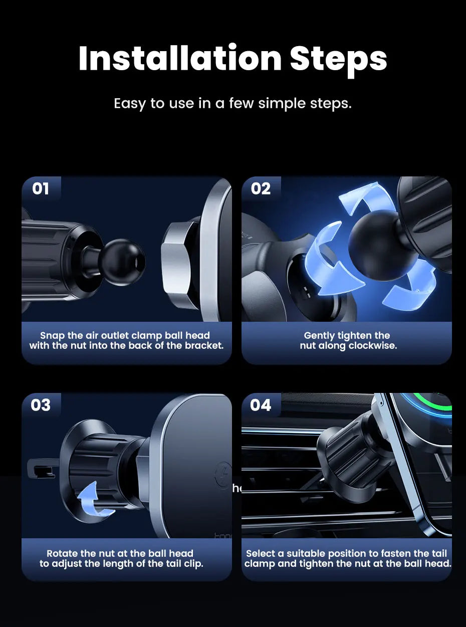 Instructional graphic showing four steps to assemble and mount a black, minimalist car air vent phone holder.