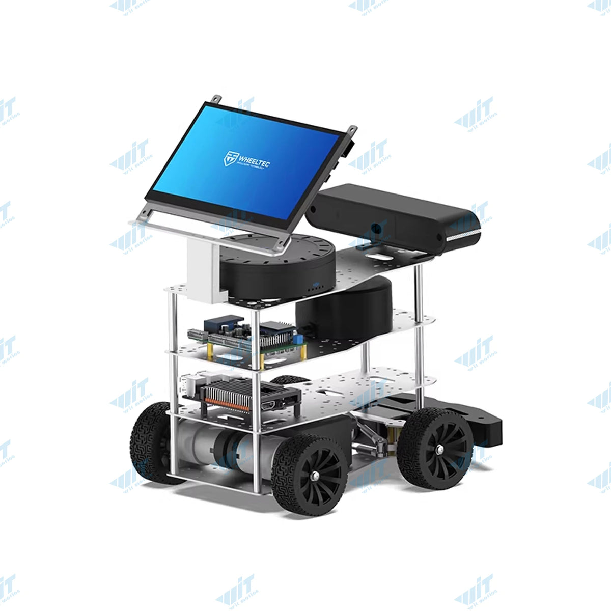 A multi-tier robotic development platform with four wheels, a mounted display screen, and electronic components.