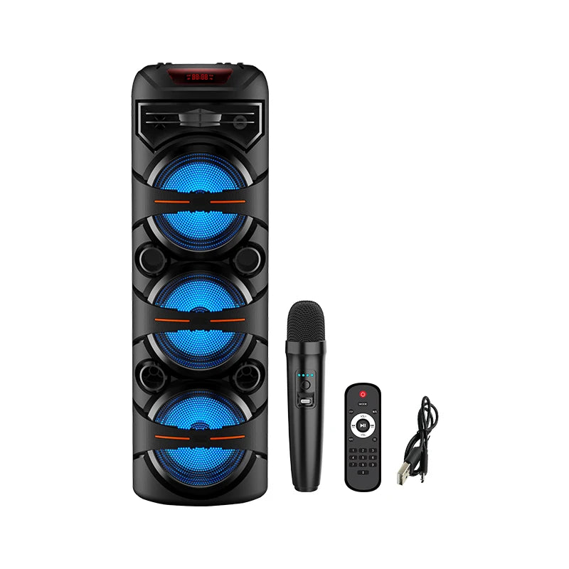 Black portable party speaker with blue LED lights, handheld microphone, remote control, and charging cable.