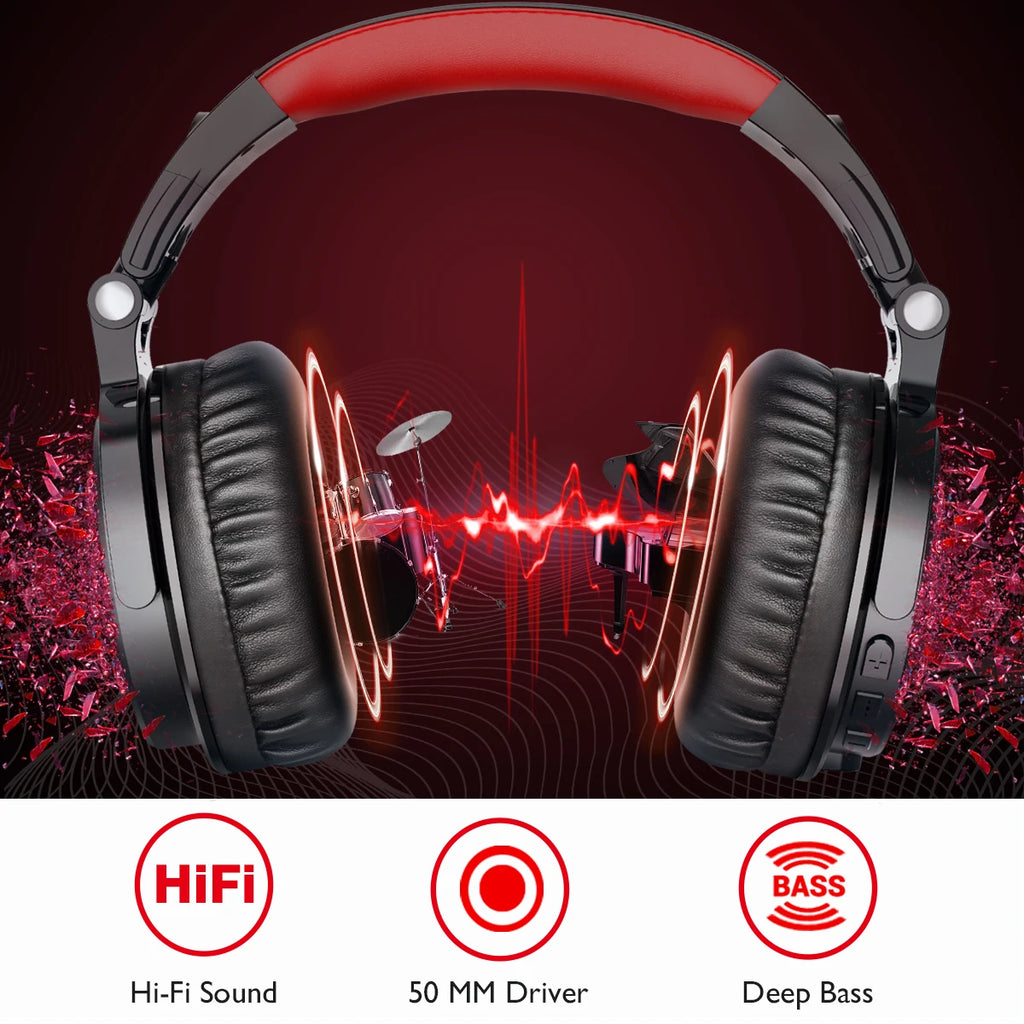 Black and red over-ear gaming headphones featuring deep bass, hi-fi sound, and 50mm drivers for an immersive experience.