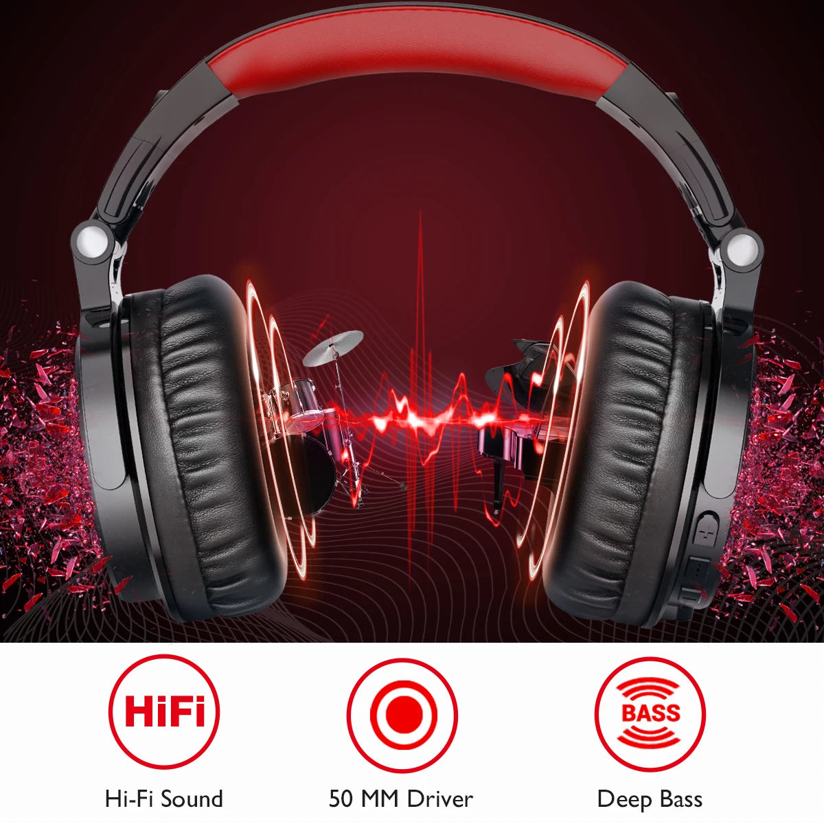 Black and red over-ear gaming headphones featuring deep bass, hi-fi sound, and 50mm drivers for an immersive experience.