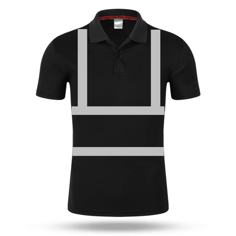 Black short-sleeved work polo shirt featuring reflective silver tape across the chest and vertical shoulder stripes.