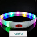Colorful silicone LED dog collar in a circular form with a white control housing and red power button.