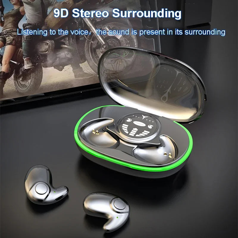Silver wireless earbuds in a glowing green-rimmed, transparent-lid charging case on a black background.