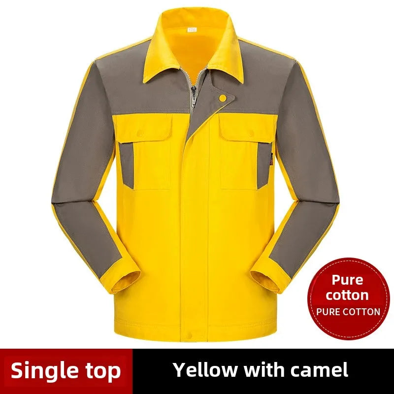 Yellow and gray pure cotton work jacket with a collar, front zip, snap button closure, and two chest pockets.