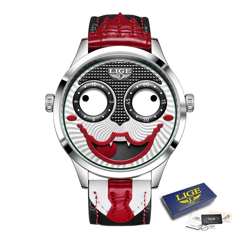 LIGE quartz watch with silver round case, white and black clown face dial, and red-and-white leather strap.