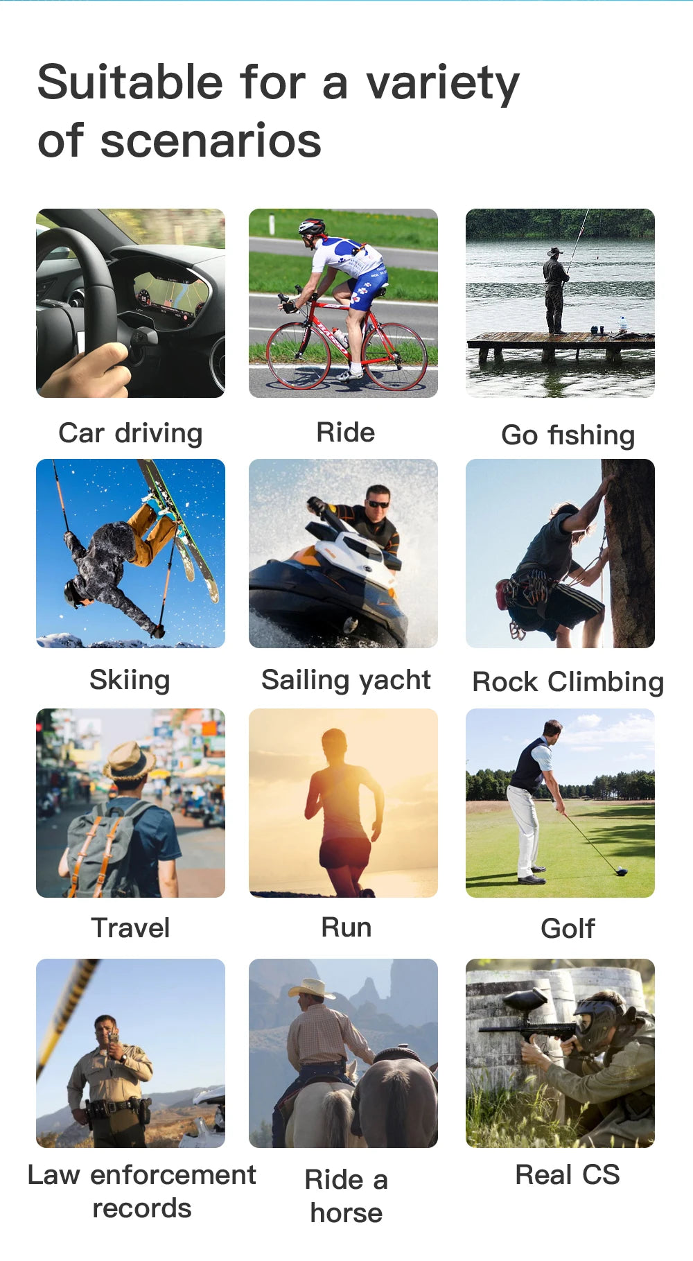 Grid of 12 photos showing people using a POV camera for activities like driving, cycling, fishing, and sports.