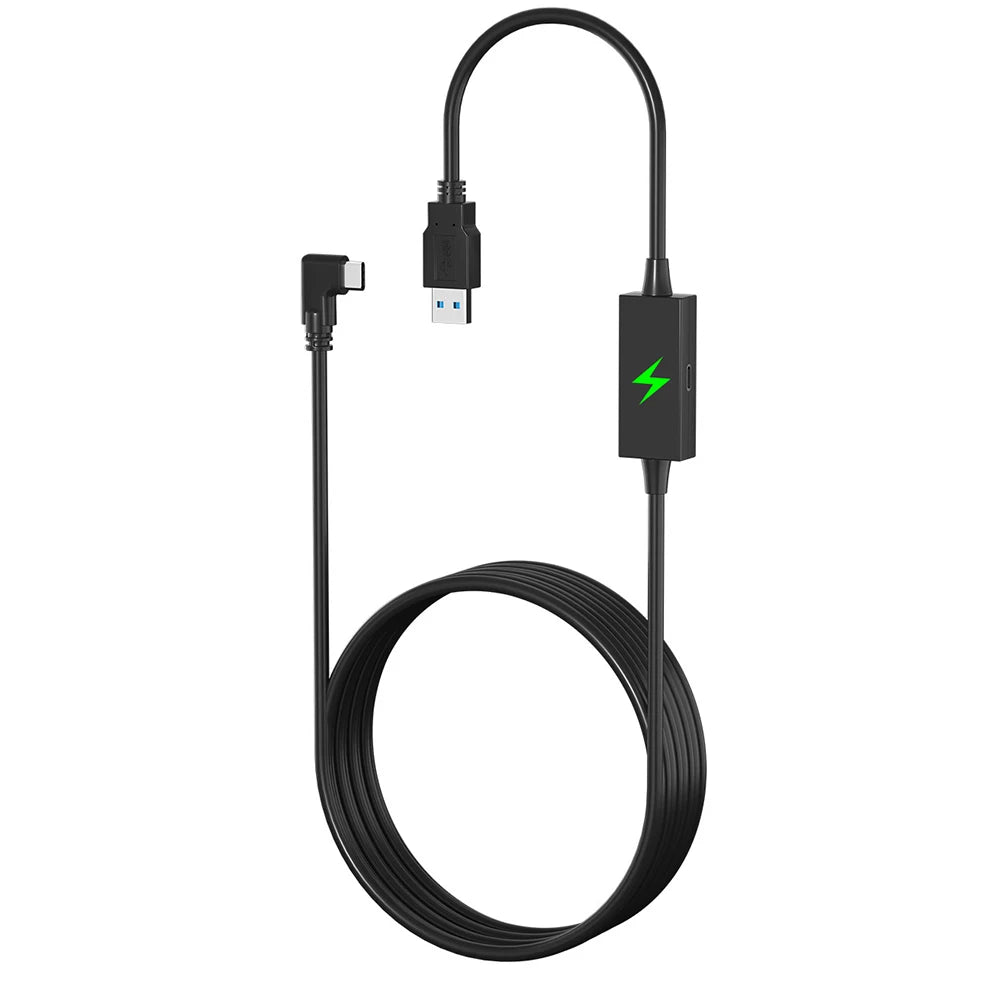 Black VR link charging cable with USB-A, right-angle USB-C, and an injection box with a green lightning bolt.