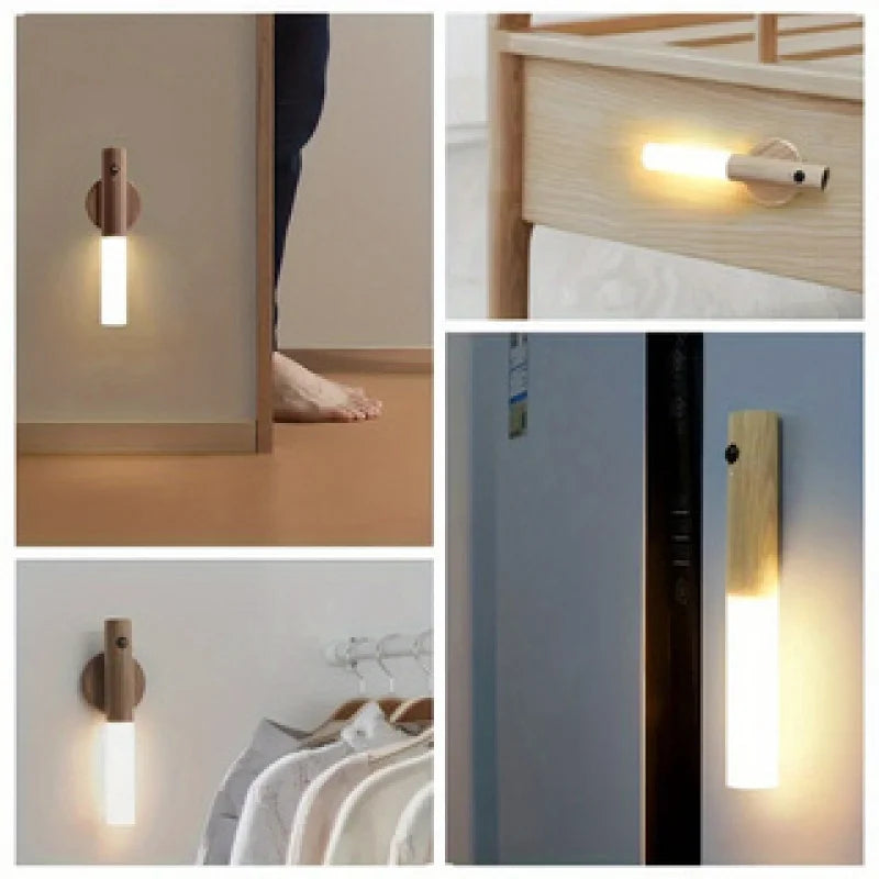 Collage of a modern, rechargeable light with a wood-effect base, motion sensor, and warm white LED illumination.