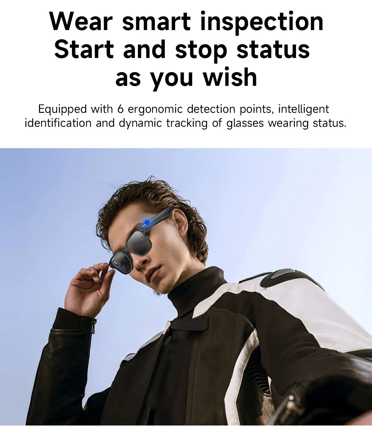 A man wears sleek black smart glasses featuring an integrated camera and AI voice assistant against a blue sky.