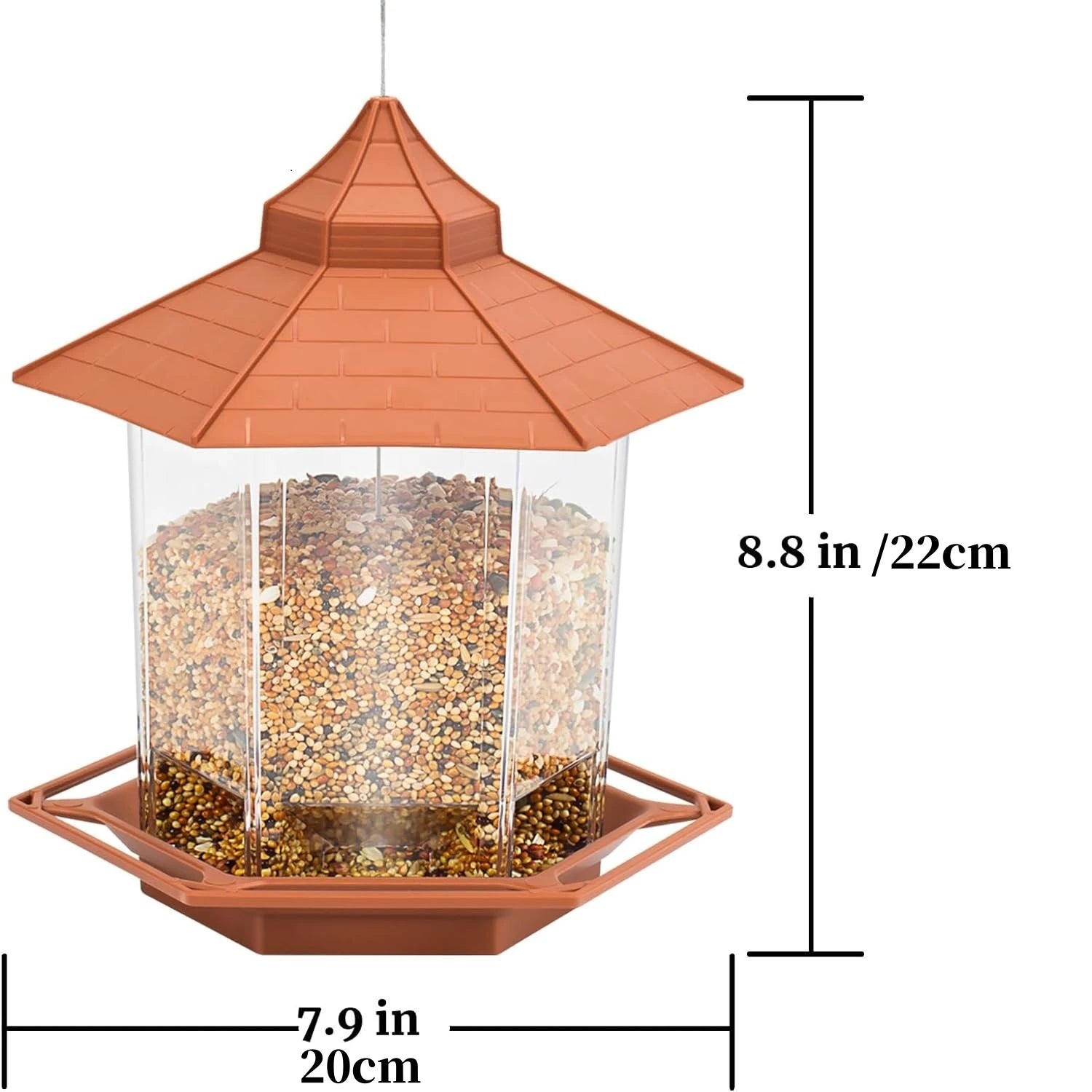Hexagonal hanging bird feeder with a terracotta-colored roof and base, clear plastic seed container, and dimensions.