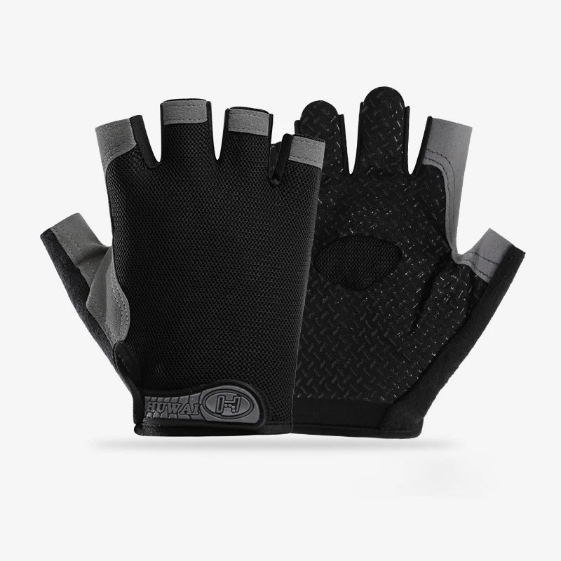 Pair of fingerless black and grey gym gloves with breathable mesh and a textured, non-slip grip palm.