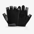Pair of fingerless black and grey gym gloves with breathable mesh and a textured, non-slip grip palm.