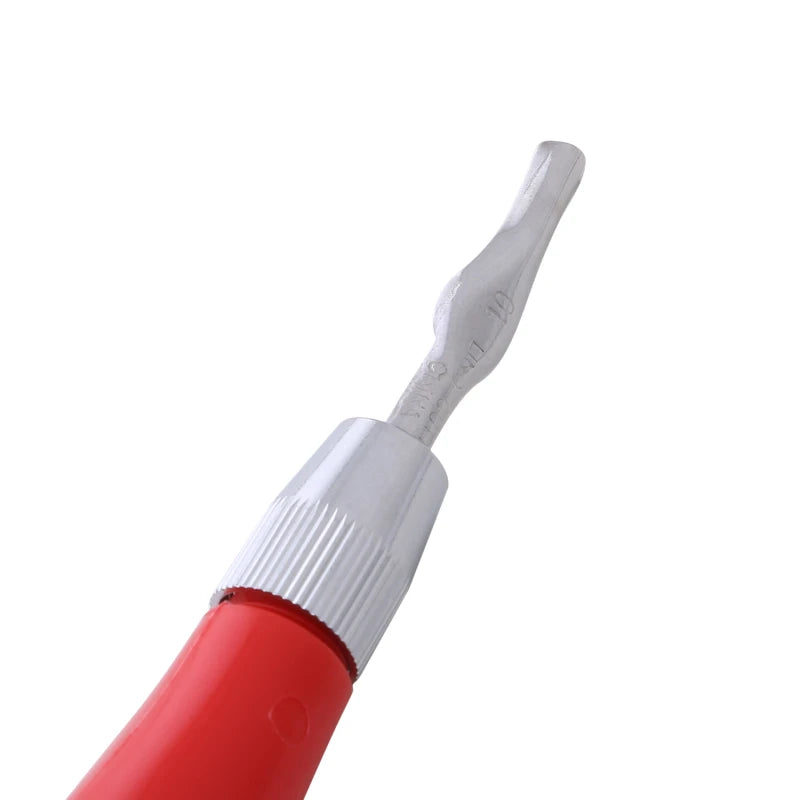 Silver, curved metal deburring blade attached to a vibrant red ergonomic handle, shown at an angle.