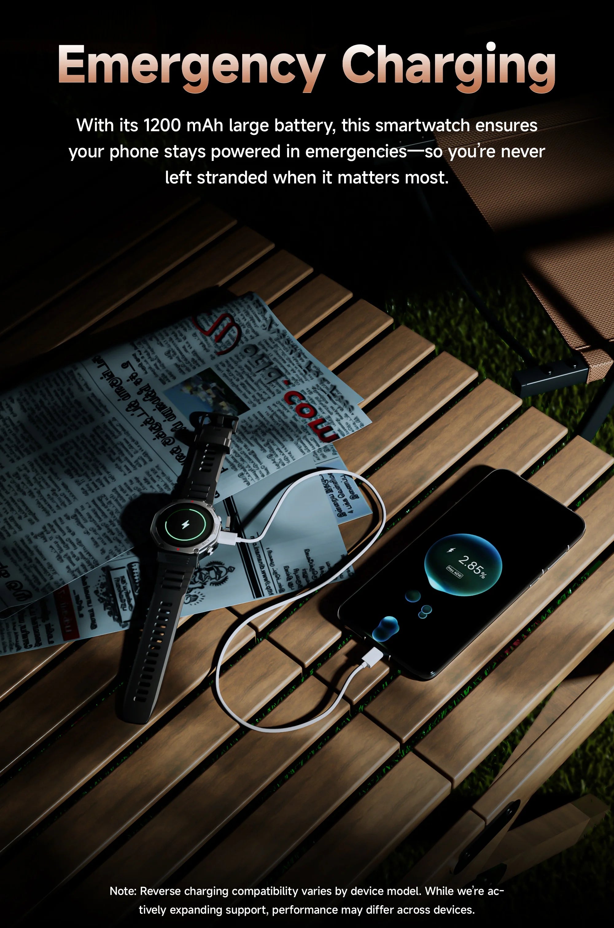 Black rugged smartwatch with GPS charging a smartphone on a wooden table. Outdoor lifestyle tech.