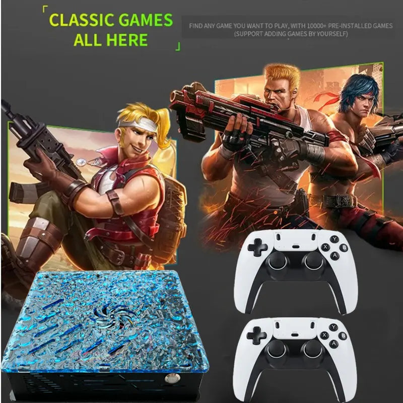 Retro game console with blue cracked-ice top, two white gamepads, and a promotional background.