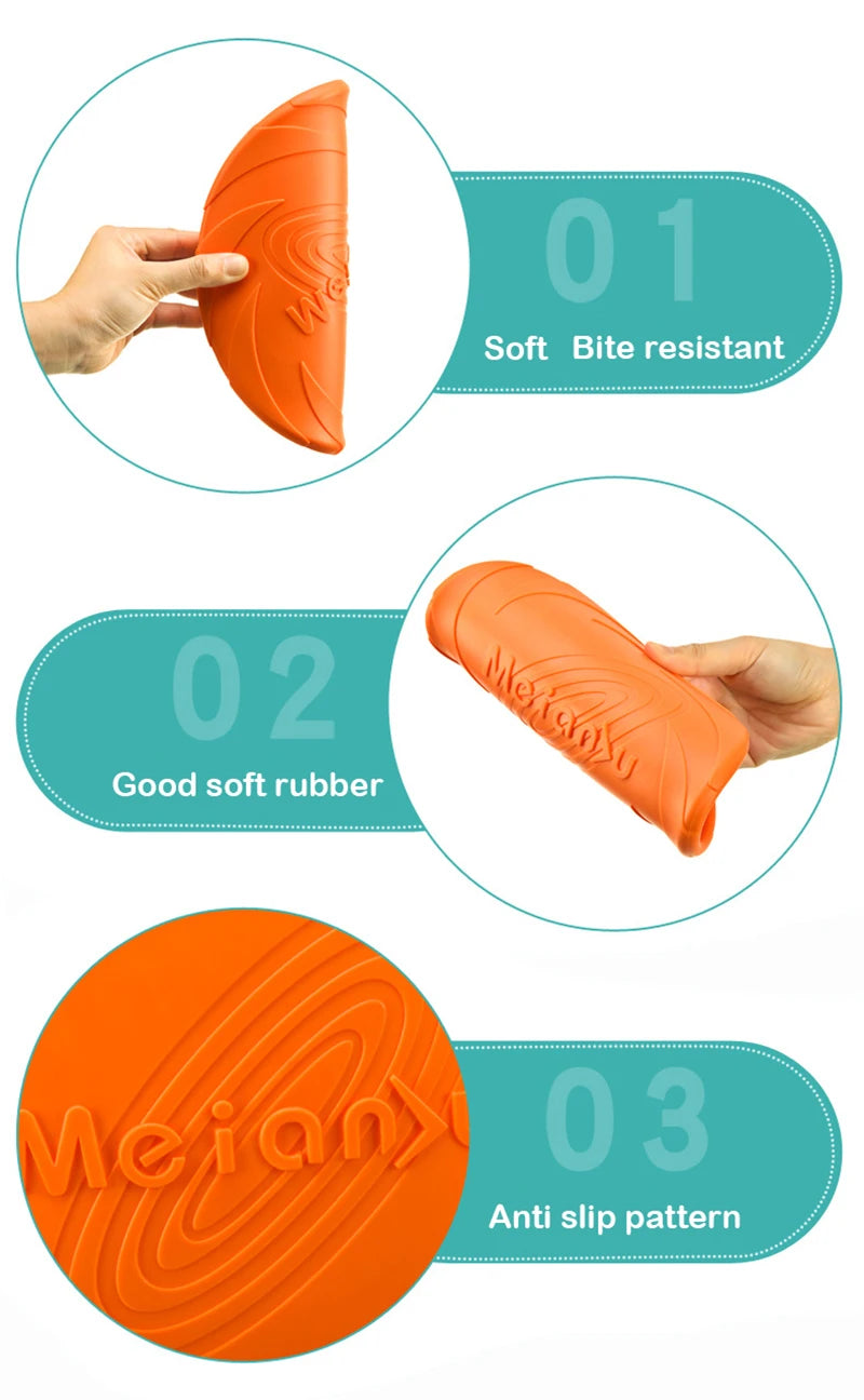 Flexible orange silicone dog flying disc shown being folded to demonstrate its bite-resistant, non-slip material.