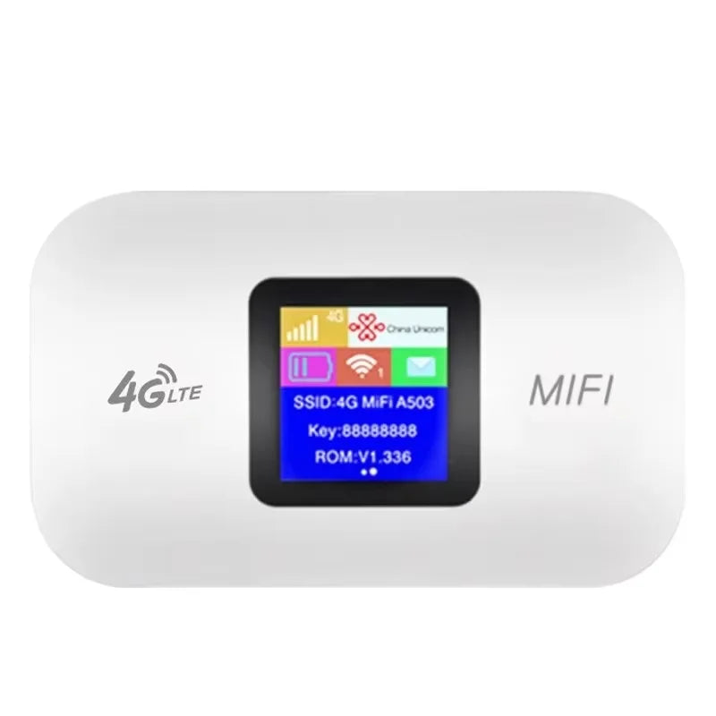 Compact white portable 4G LTE Wi-Fi hotspot router with a central digital display screen showing network status.