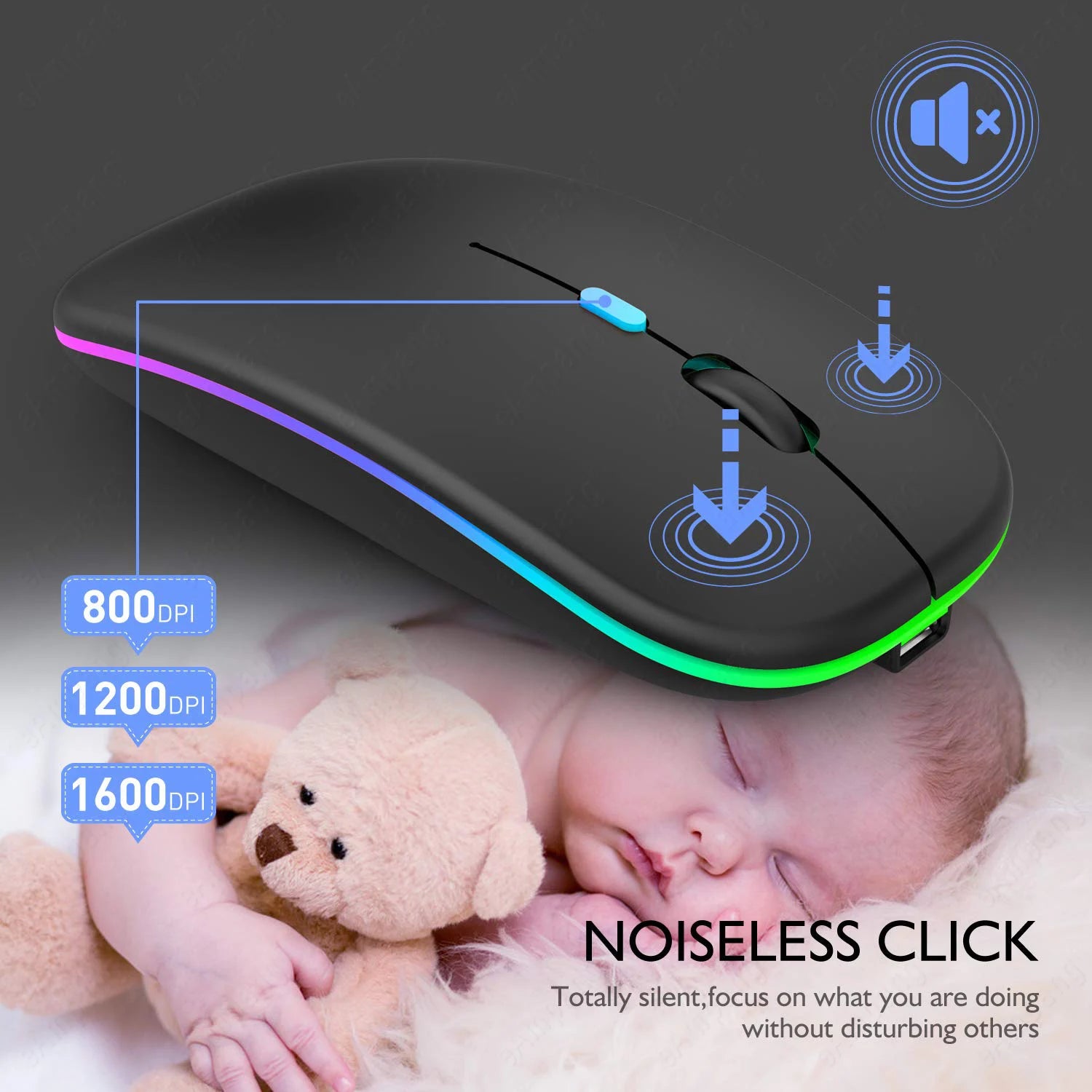A matte black, wireless, ergonomic RGB mouse with silent buttons, showing adjustable 800-1600 DPI settings.