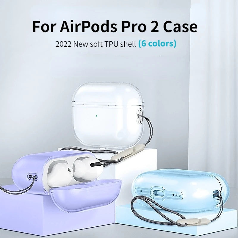 Clear and coloured soft TPU cases for AirPods Pro 2, featuring a lanyard and precision cut-outs.