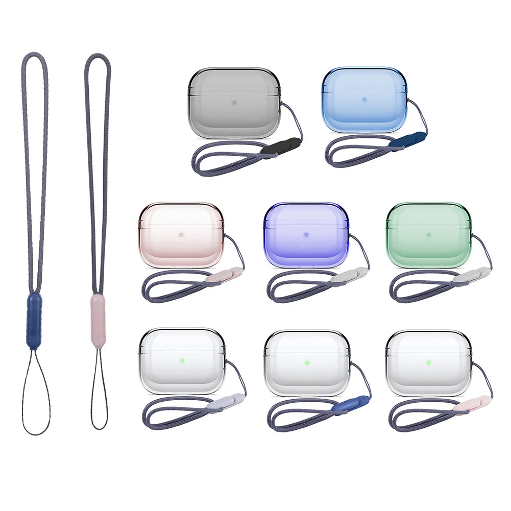 Assorted coloured translucent silicone cases for AirPods Pro with matching carry lanyards.