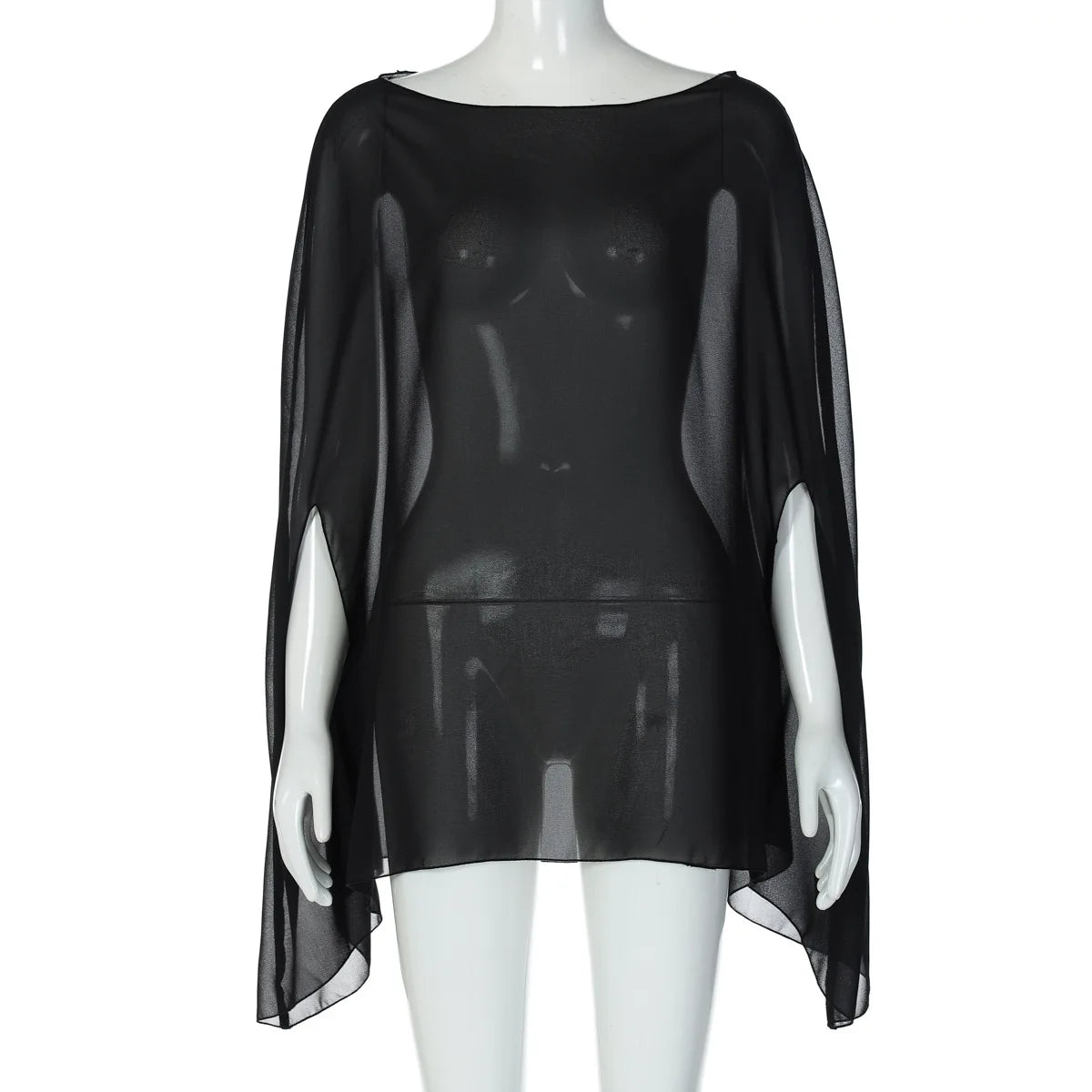 Sheer black chiffon poncho top with a wide boat neckline and loose, flowing cape-style sleeves.