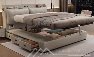Modern cream upholstered storage bed with an integrated headboard shelf, pull-out side drawers, and a lift-up base.