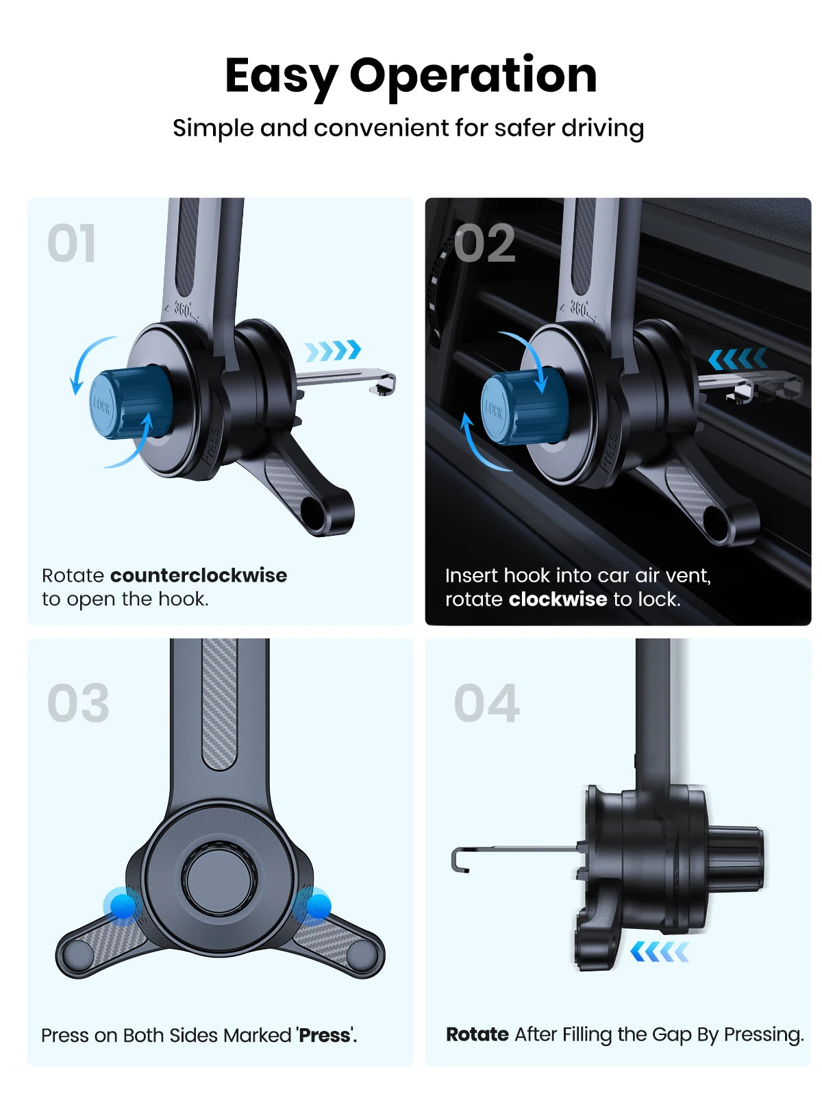 Four-step instructional graphic showing a black car air vent phone mount with a rotating blue locking knob.