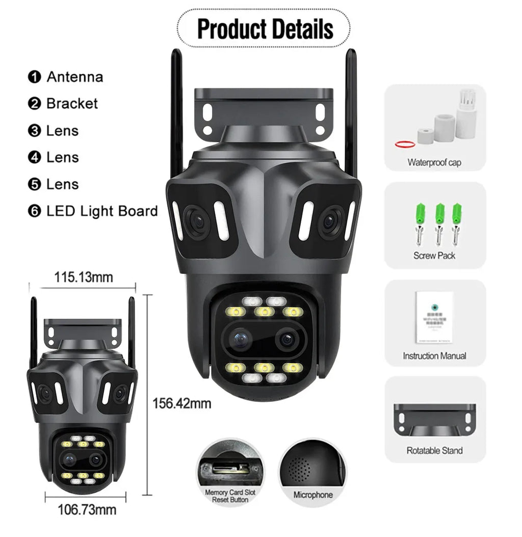 Black 16MP quad-lens outdoor WiFi security camera with mounting bracket, LED lights, and accessory set.