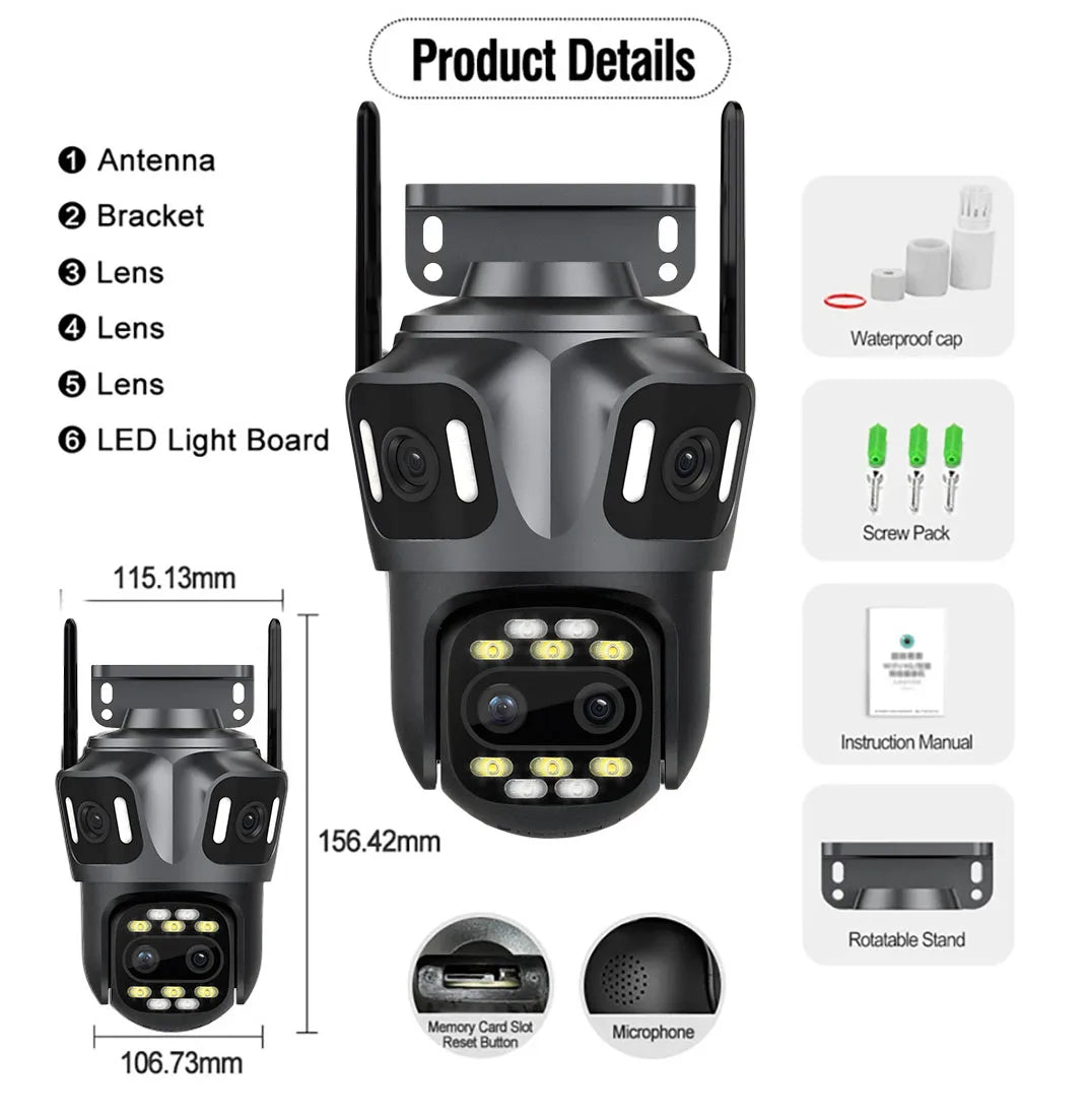 Black 16MP quad-lens outdoor WiFi security camera with mounting bracket, LED lights, and accessory set.