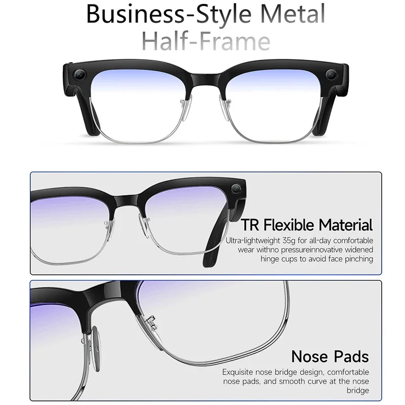 Black business-style half-frame smart glasses with integrated cameras, flexible material, and comfortable nose pads.
