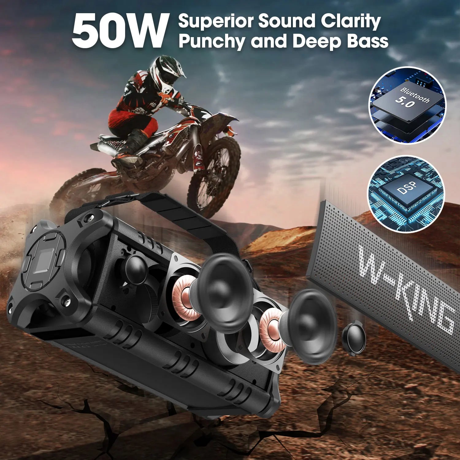 Black portable waterproof wireless speaker with exposed drivers, shown against a rugged off-road motorcycle background.