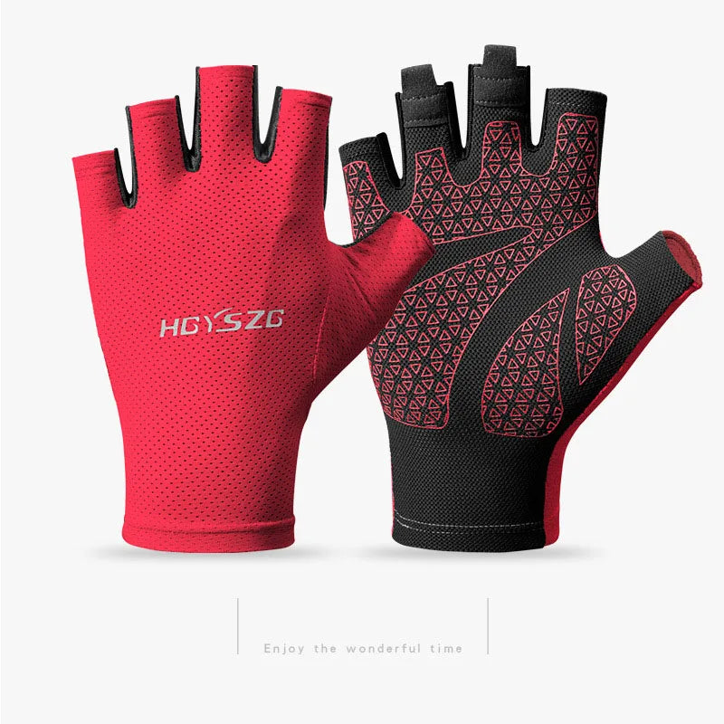 Red and black fingerless cycling gloves with a textured palm grip and branded logo.