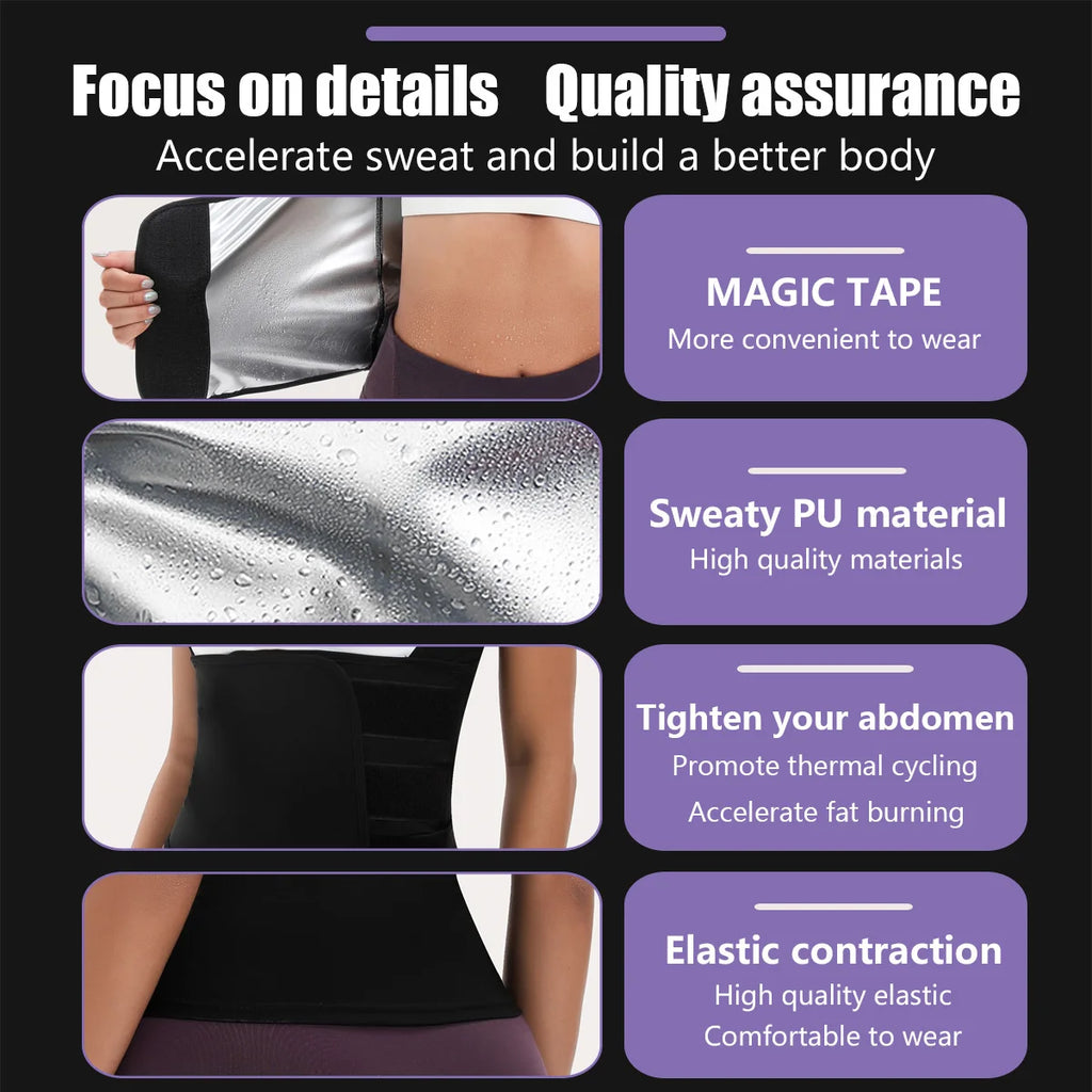 Black waist trimmer belt with silver sweat-inducing PU lining, adjustable straps, and elastic, firm-control design.