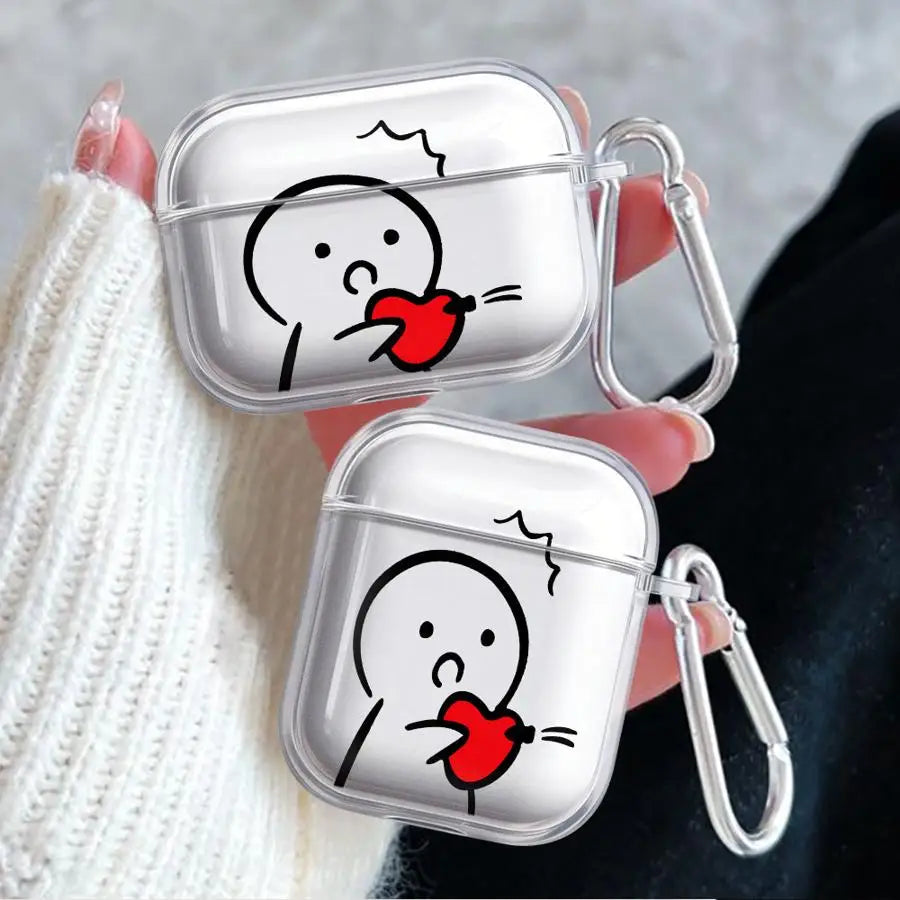 Clear plastic protective case for AirPods Pro and AirPods, featuring a cute cartoon character holding a red heart.
