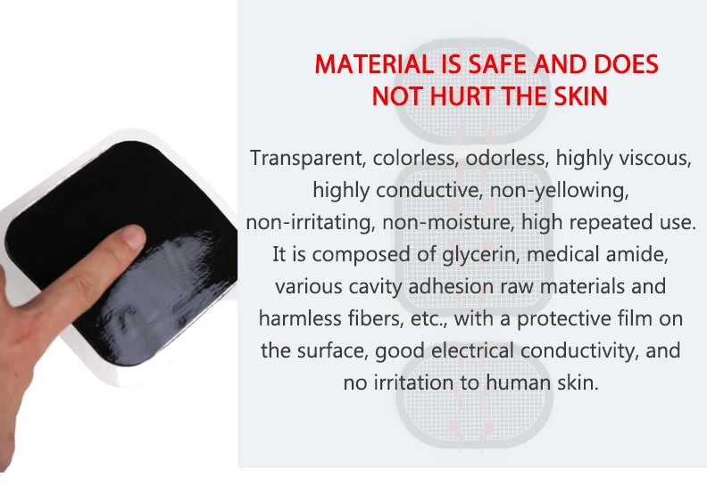 A finger touching a square, black, adhesive gel pad designed for an abdominal muscle stimulator.