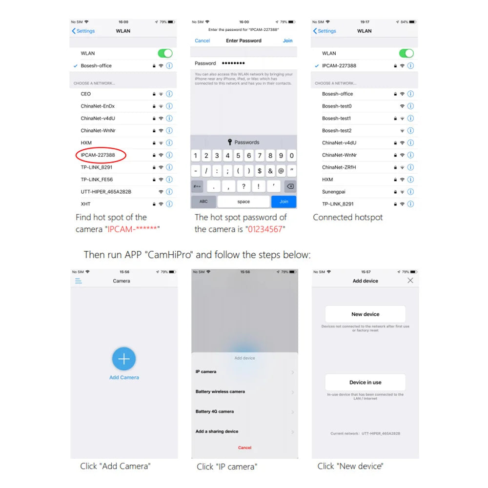 A guide showing smartphone screenshots for setting up a Wi-Fi camera using the CamHiPro app and network settings.