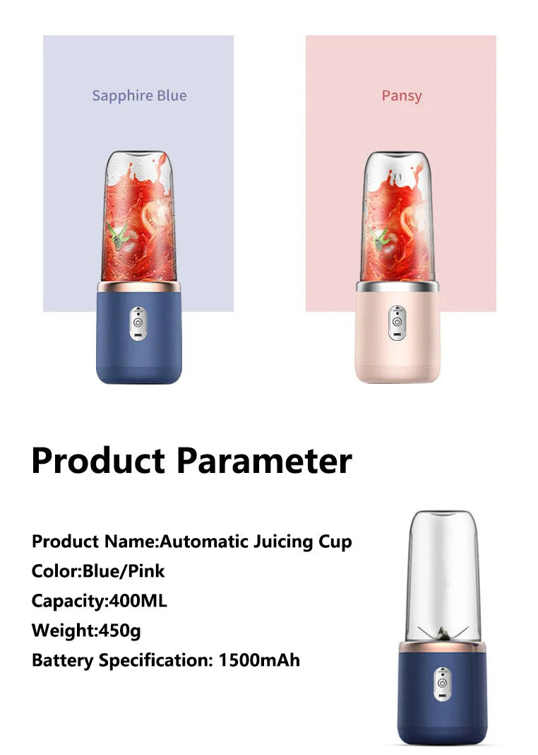 Two portable automatic juicing cups in sapphire blue and pansy pink, each with a 400ml clear glass blending container.