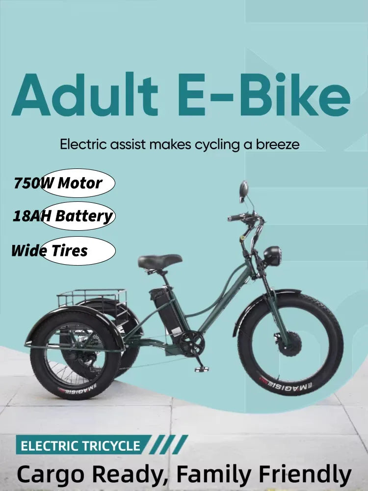 Dark green adult electric tricycle with fat tires, rear cargo basket, and headlight.