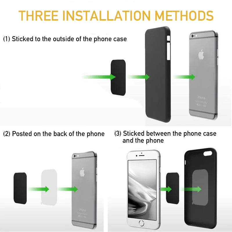 Infographic showing three ways to attach a small, rectangular black adhesive metal plate to a smartphone or case.