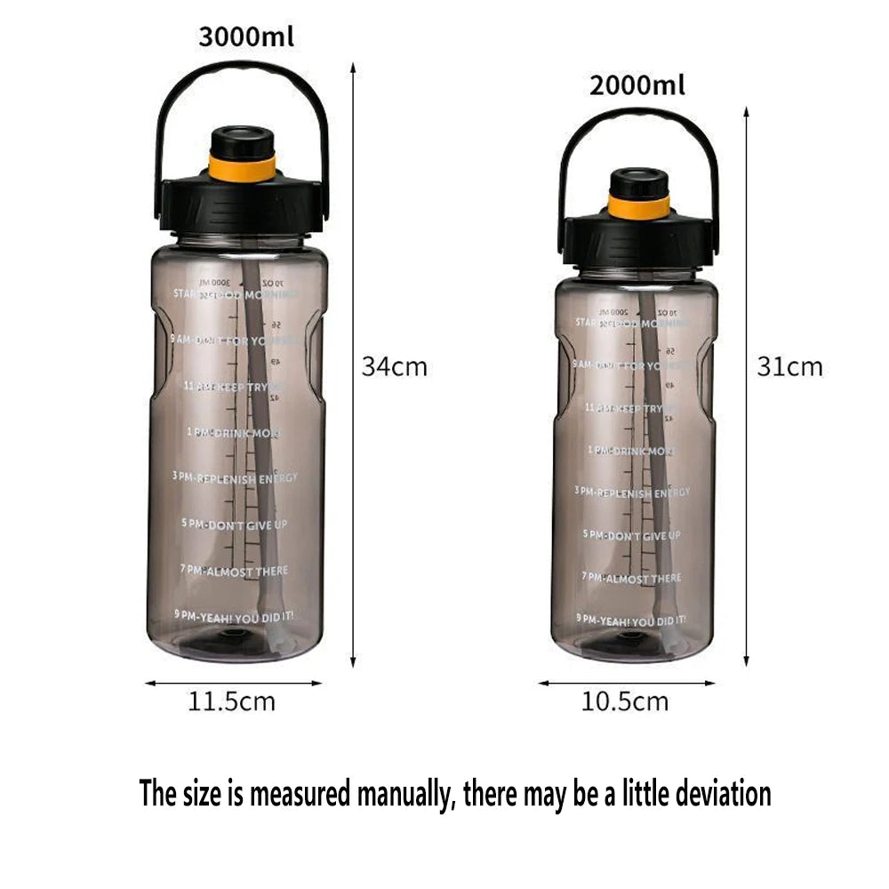 Two grey motivational water bottles with straw lids, showing size specifications of 3000ml and 2000ml capacities.