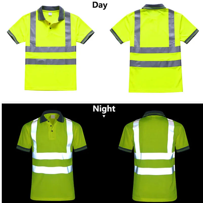Fluorescent yellow men’s polo shirt with grey collar and reflective silver tape strips shown in day and night views.