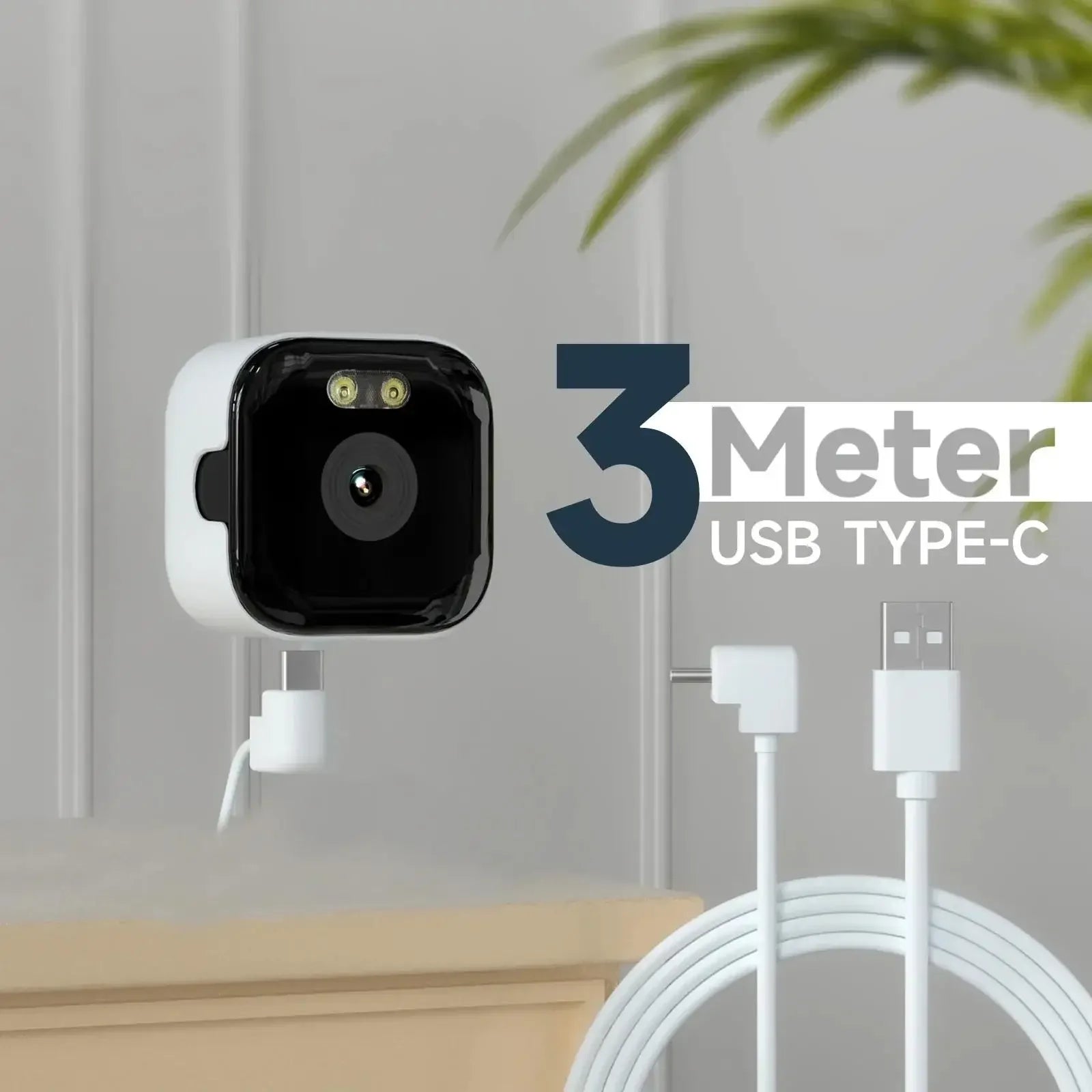 Small white square security camera with black face, night vision lights, and a 3-metre USB Type-C charging cable.