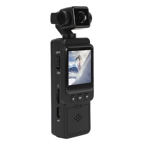 Black handheld gimbal camera with a built-in LCD screen, side power switch, buttons, and a USB port.
