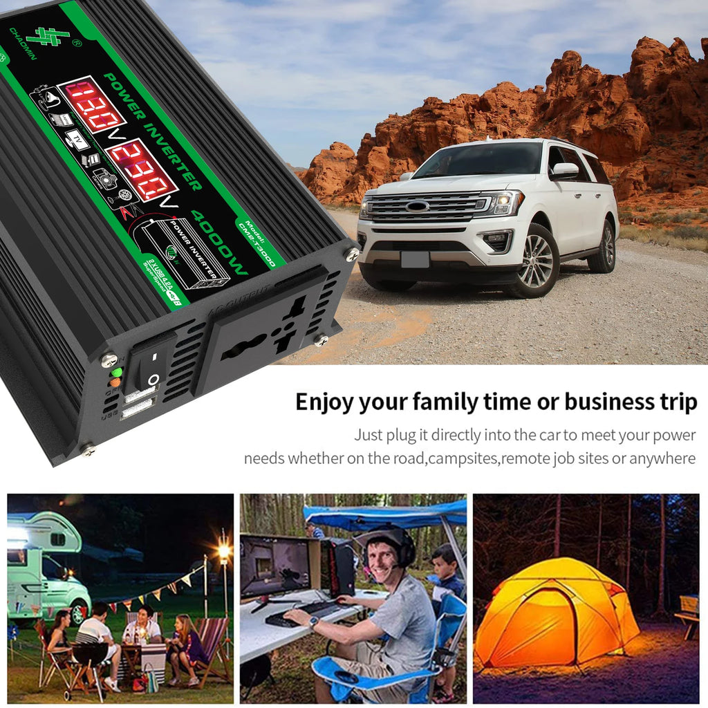 Black portable power inverter with digital display, AC outlet, and USB ports, shown against a desert car camping backdrop.