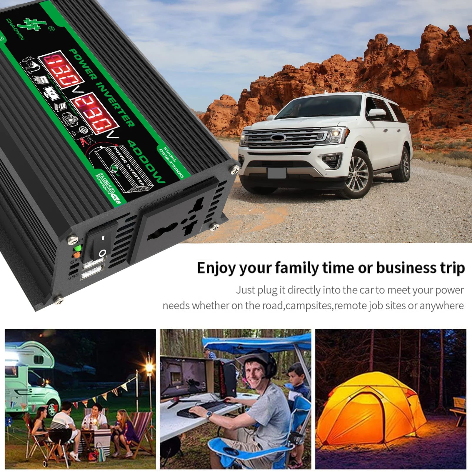 Black portable power inverter with digital display, AC outlet, and USB ports, shown against a desert car camping backdrop.