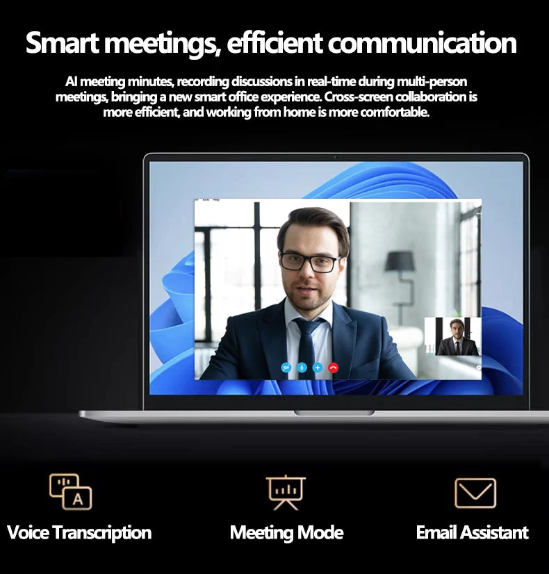 Silver 15.6-inch laptop displaying a video call, highlighting AI voice transcription and meeting features.