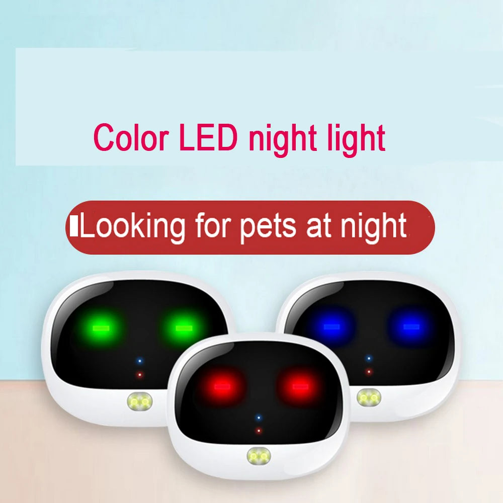 White mini GPS pet trackers with rounded rectangular shapes showing green, red, and blue LED lights.