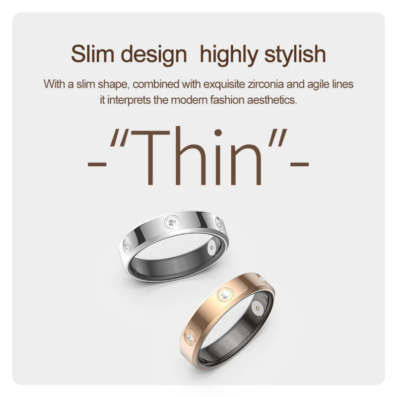 Slim silver and rose gold smart fitness rings featuring a sleek design with embedded zirconia stones.