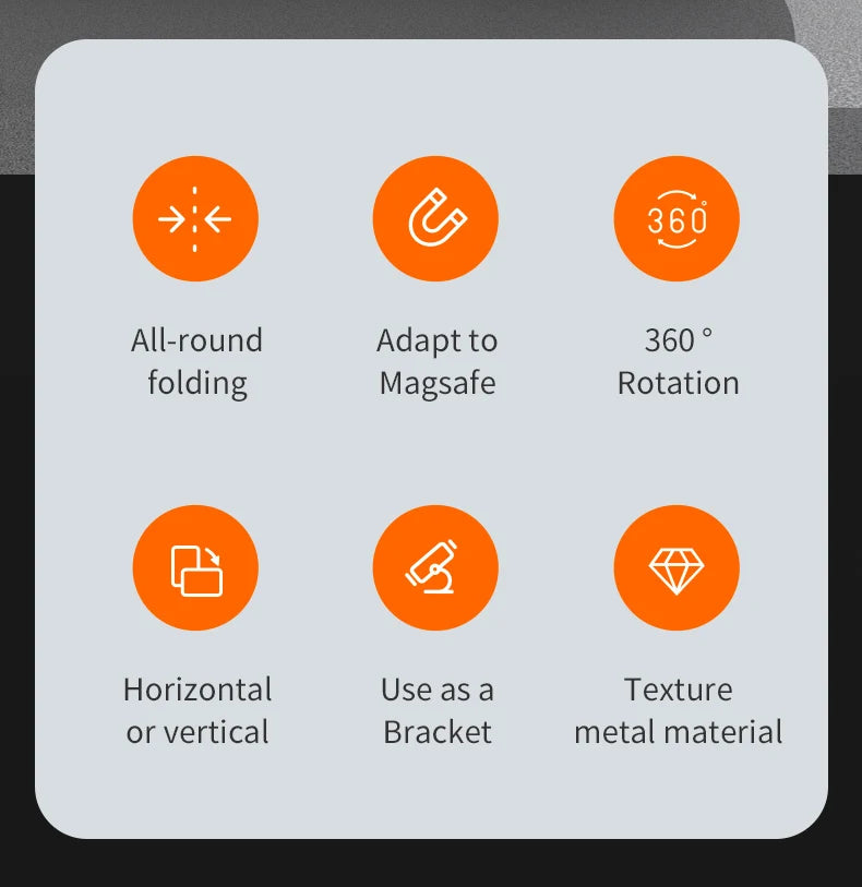 Infographic showing six orange icons describing features of a magnetic phone stand with 360-degree rotation and folding.